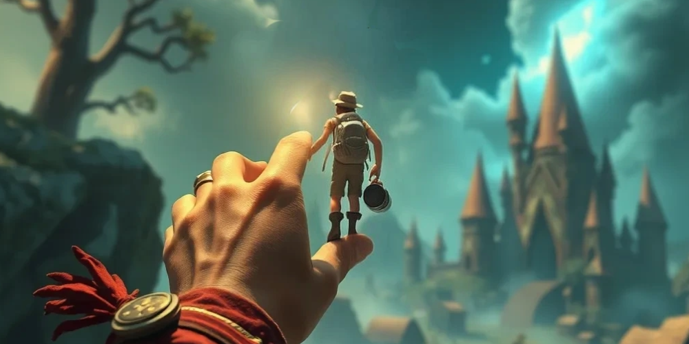 A player's hand reaching into a fantasy world and moving a character